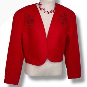 Vintage Leslie Fay Women 14 Petite Red Wool Blend Bolero Jacket Embroidered Crop